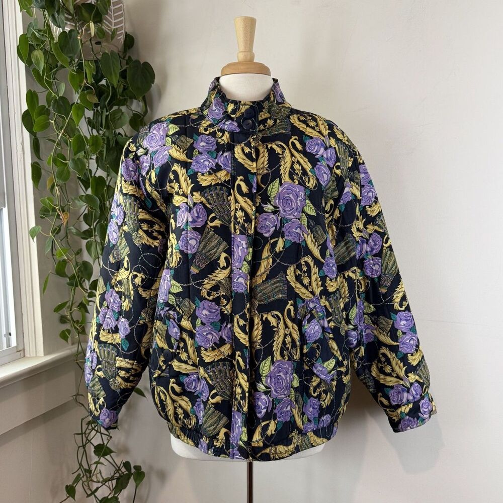 Vintage 90s Silk Quilted Bomber Jacket Baroque Floral Print, Anna & Frank